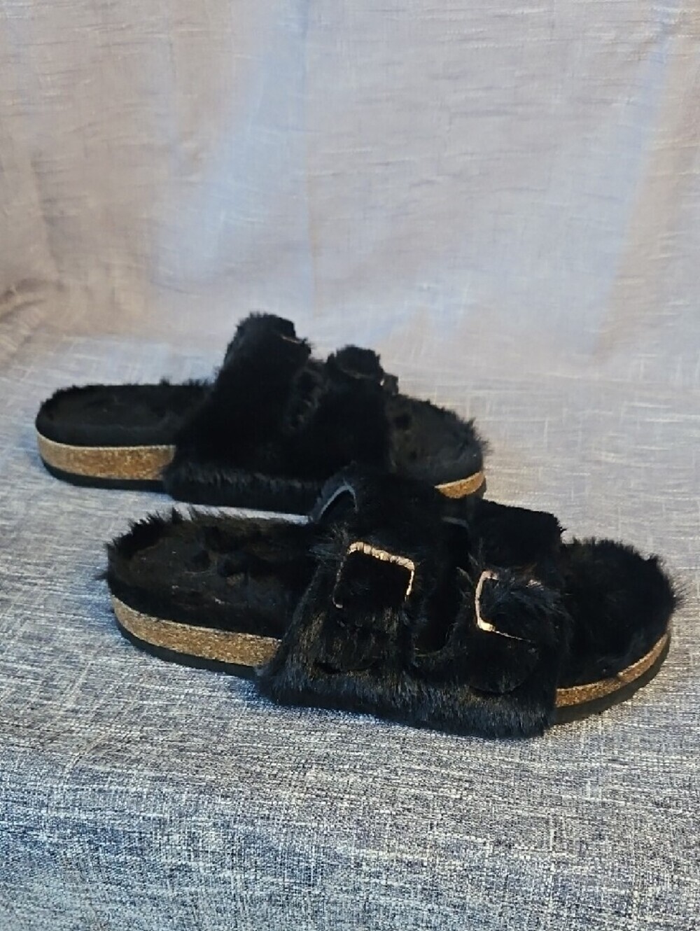 Women's Black Fuzzy Double-Buckle Slide Sandals - Picture 3 of 5